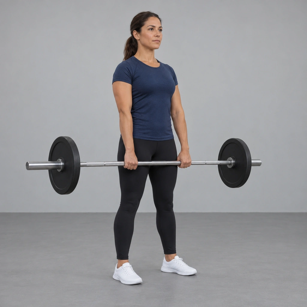 A woman standing tall holding a barbell in front of her thighs with straight arms and an overhand grip.