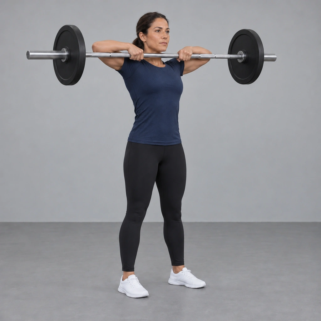 The same woman with the barbell pulled up in front of her chest to chin level and both elbows bent out to the sides.