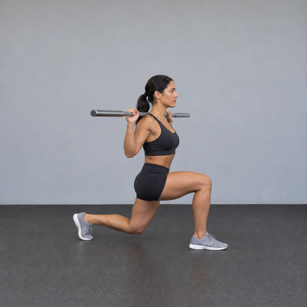 The same woman, now in a forward lunge with her right leg stepped ahead and her left knee lowered near the floor.