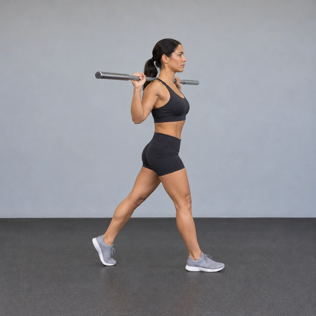 The same woman, now risen back up to a tall standing position with her right leg still forward and her left leg trailing.
