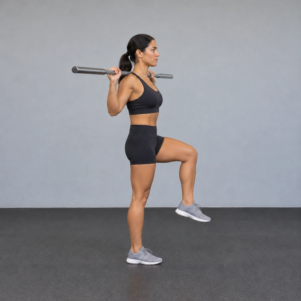 The same woman balanced on her right leg, her left leg swinging forward through the air past it.