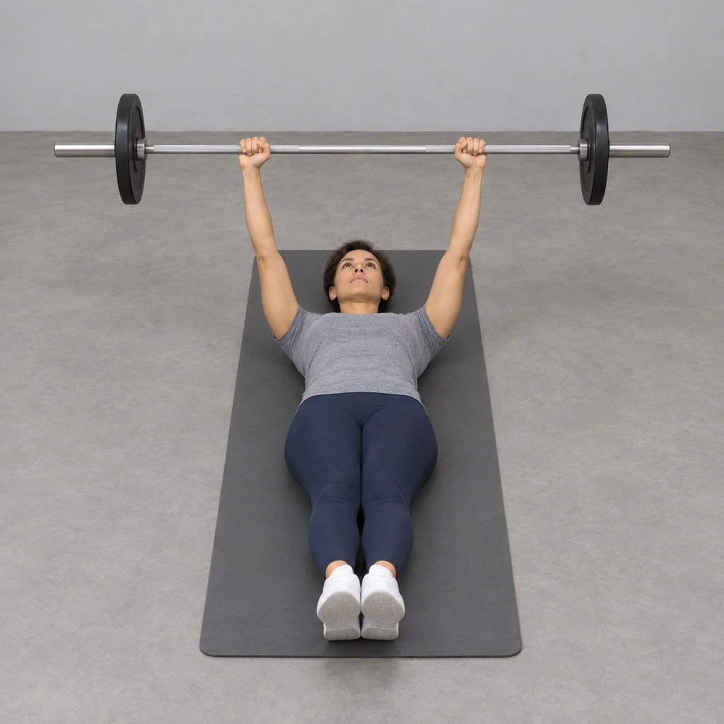 A woman on her back holding a barbell level above her chest with straight arms, both straight legs together on the mat.