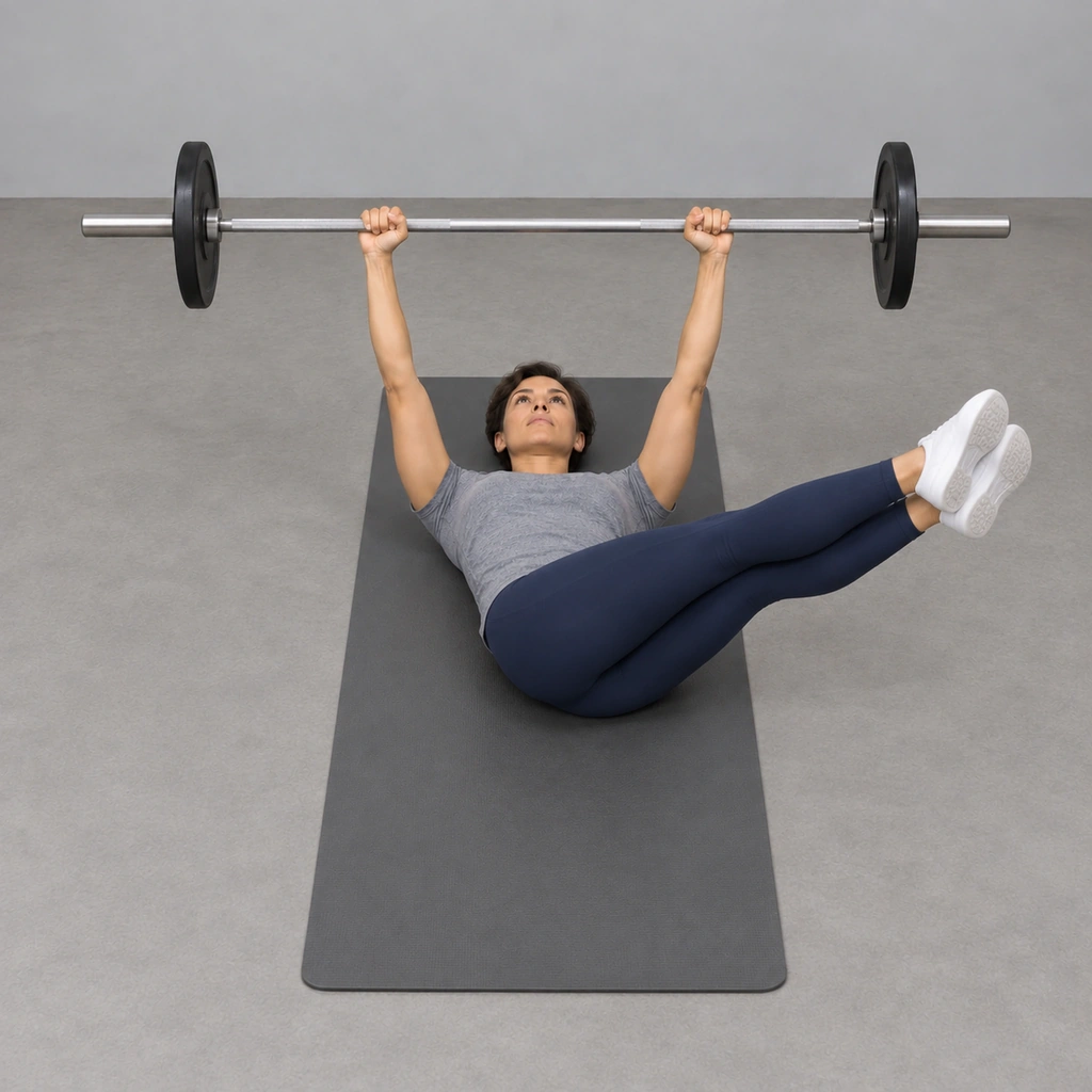 The same woman with both straight legs together lifted off the mat toward her left plate, toes just short of it, the bar still level above her chest.