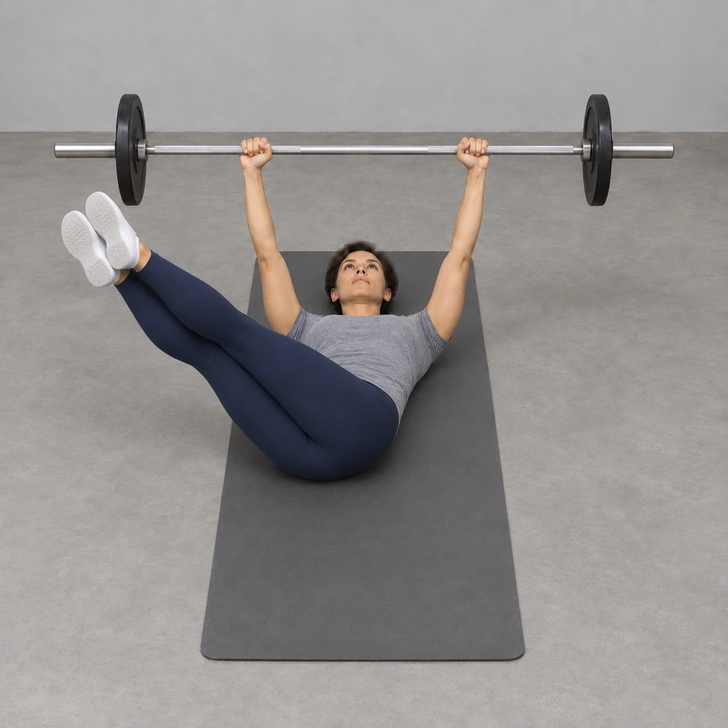 The same woman with both straight legs together lifted off the mat toward her right plate, toes just short of it, the bar still level above her chest.