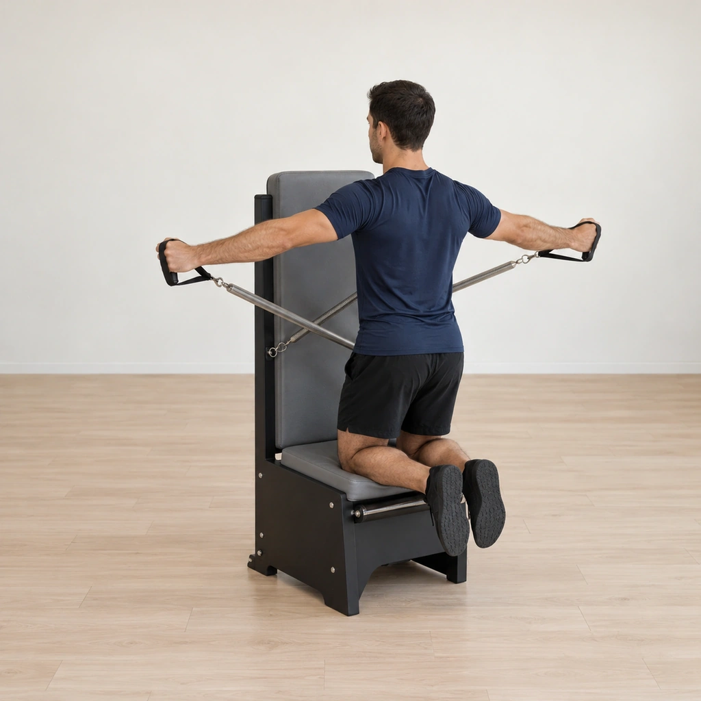 A man kneels upright on the arm chair seat facing the tall back padding, the two springs crossed behind the backrest, one handle in each hand, arms reaching wide to the sides.