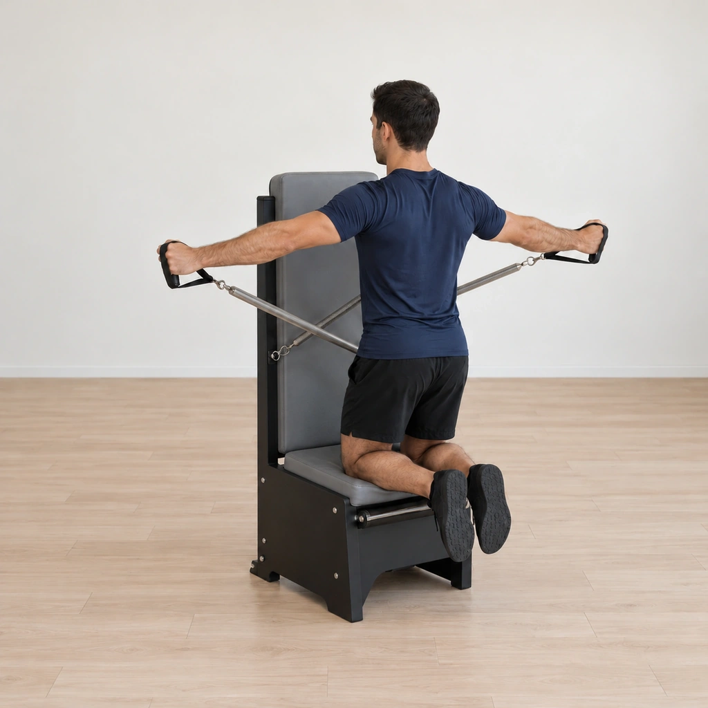 He holds the wide-arm position mid-cycle, the springs partially drawn, the kneel and shoulders unchanged.