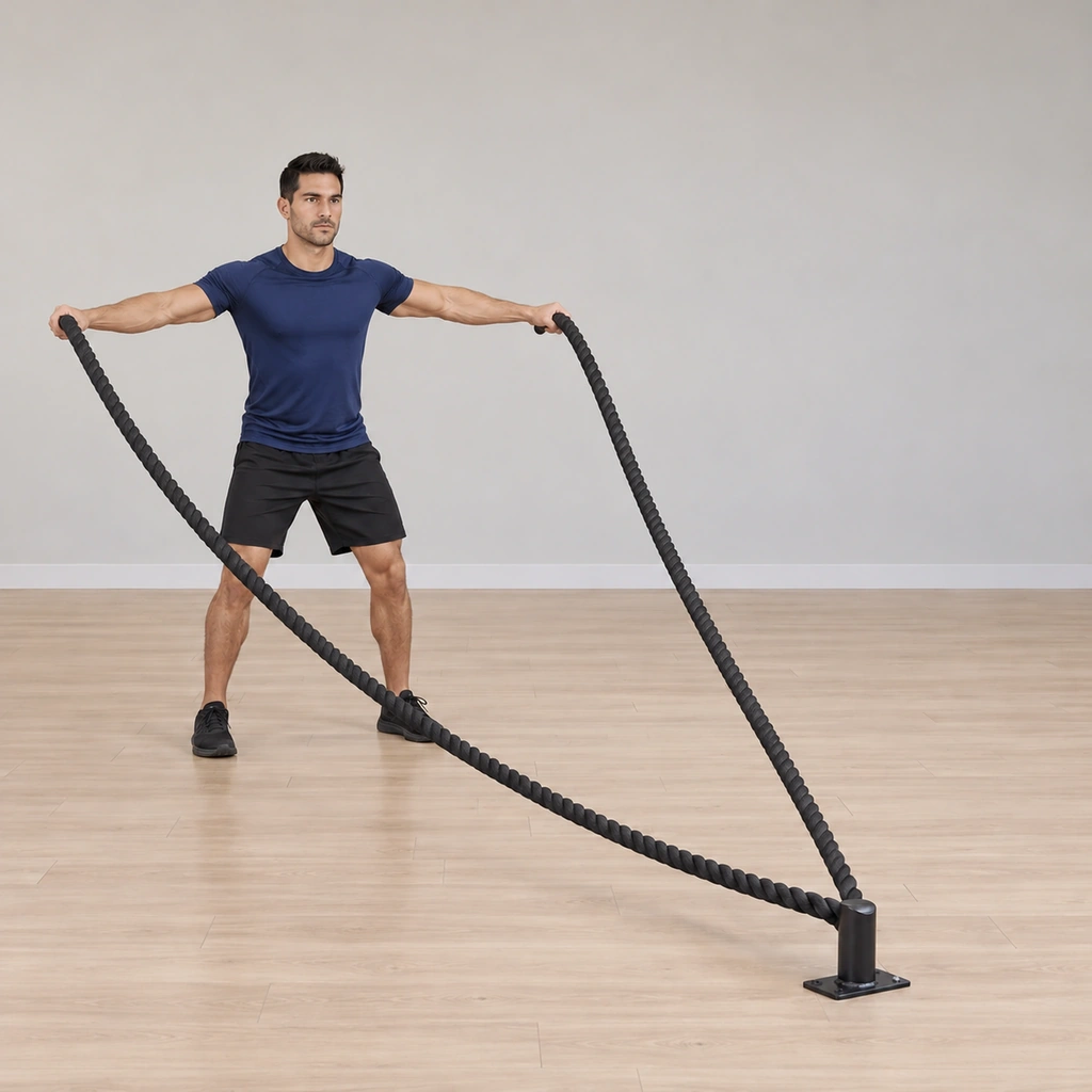 He stands with the arms opened wide to the sides at about shoulder height, each rope tail carried wide, the pair separated across the floor between him and the anchor.
