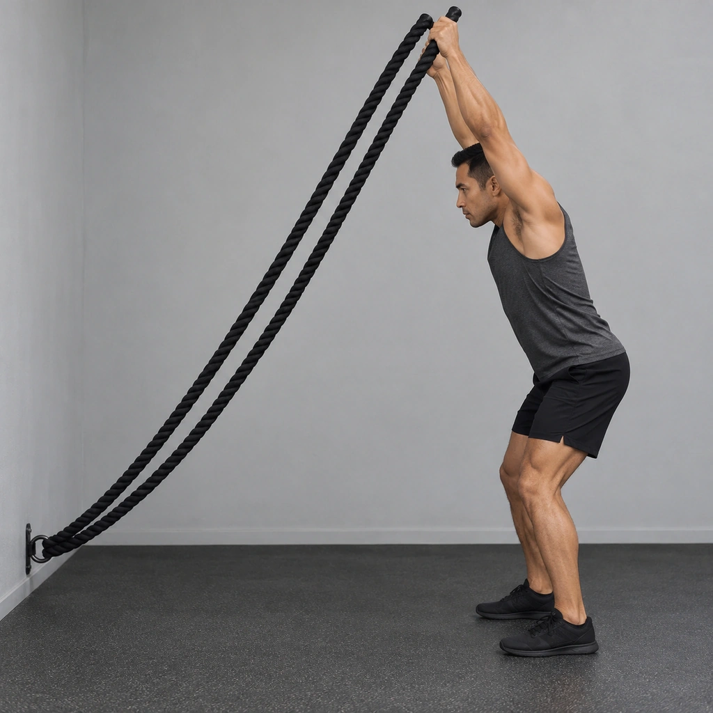 A man in an athletic stance holding a battle-rope handle in each hand, both arms raised overhead.