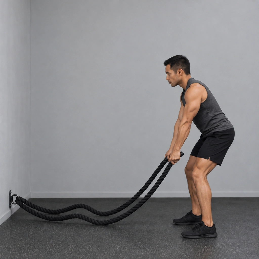 The same man, both arms now driven down, the rope shown striking the ground in front of him.