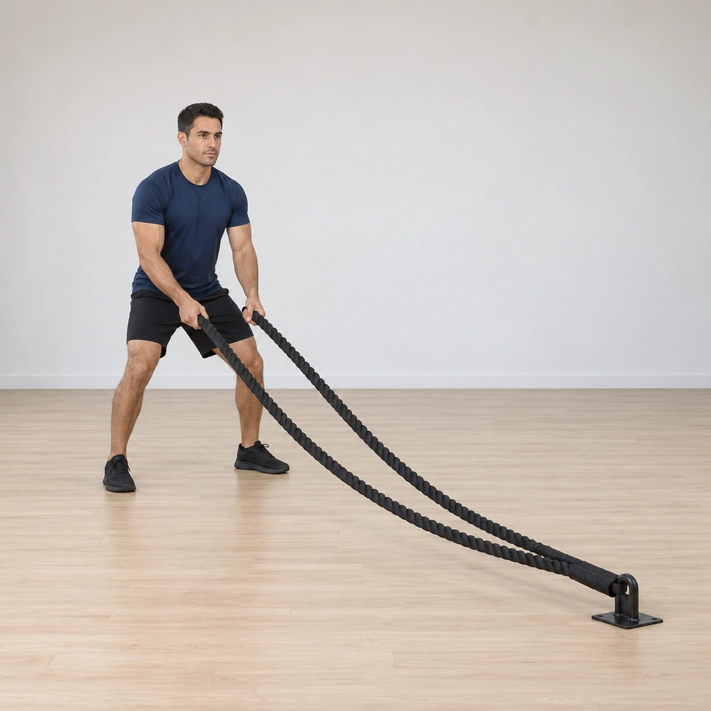 He faces the anchor in a wide athletic stance, one rope tail in each hand, arms low with the ropes slack toward the anchor.
