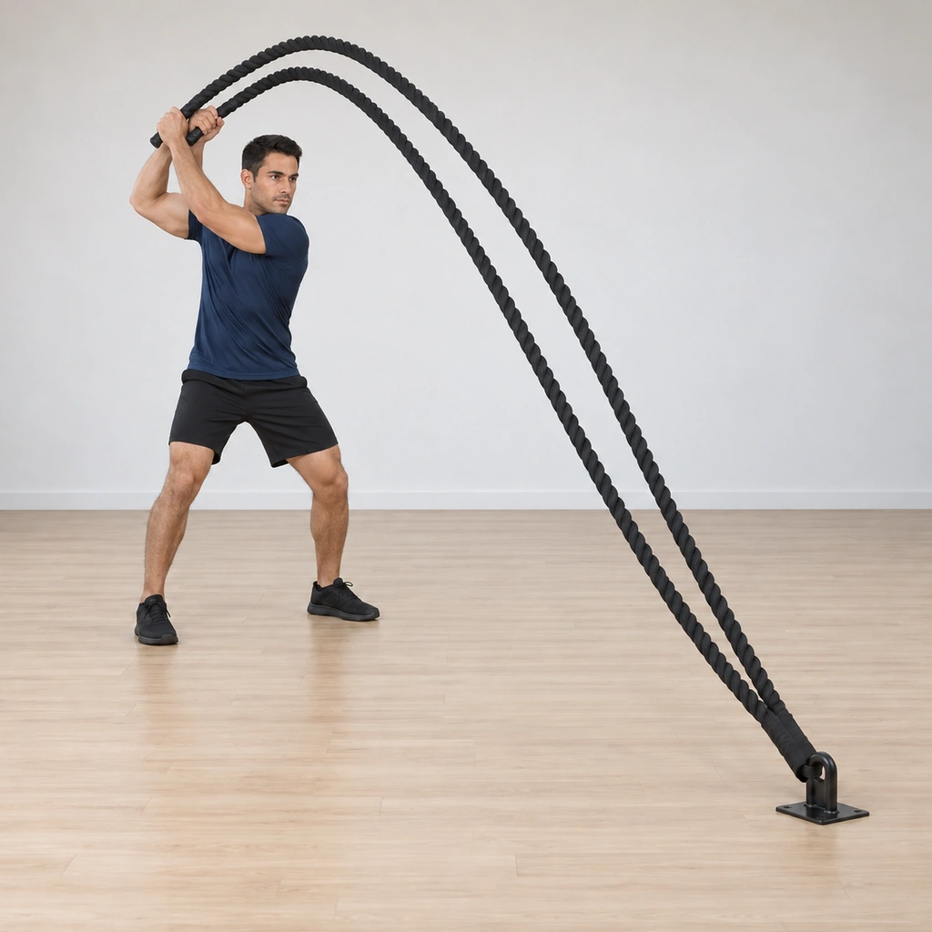 Both his arms have swept the rope tails up high overhead, elbows soft, torso tall as the ropes arc up off the floor.