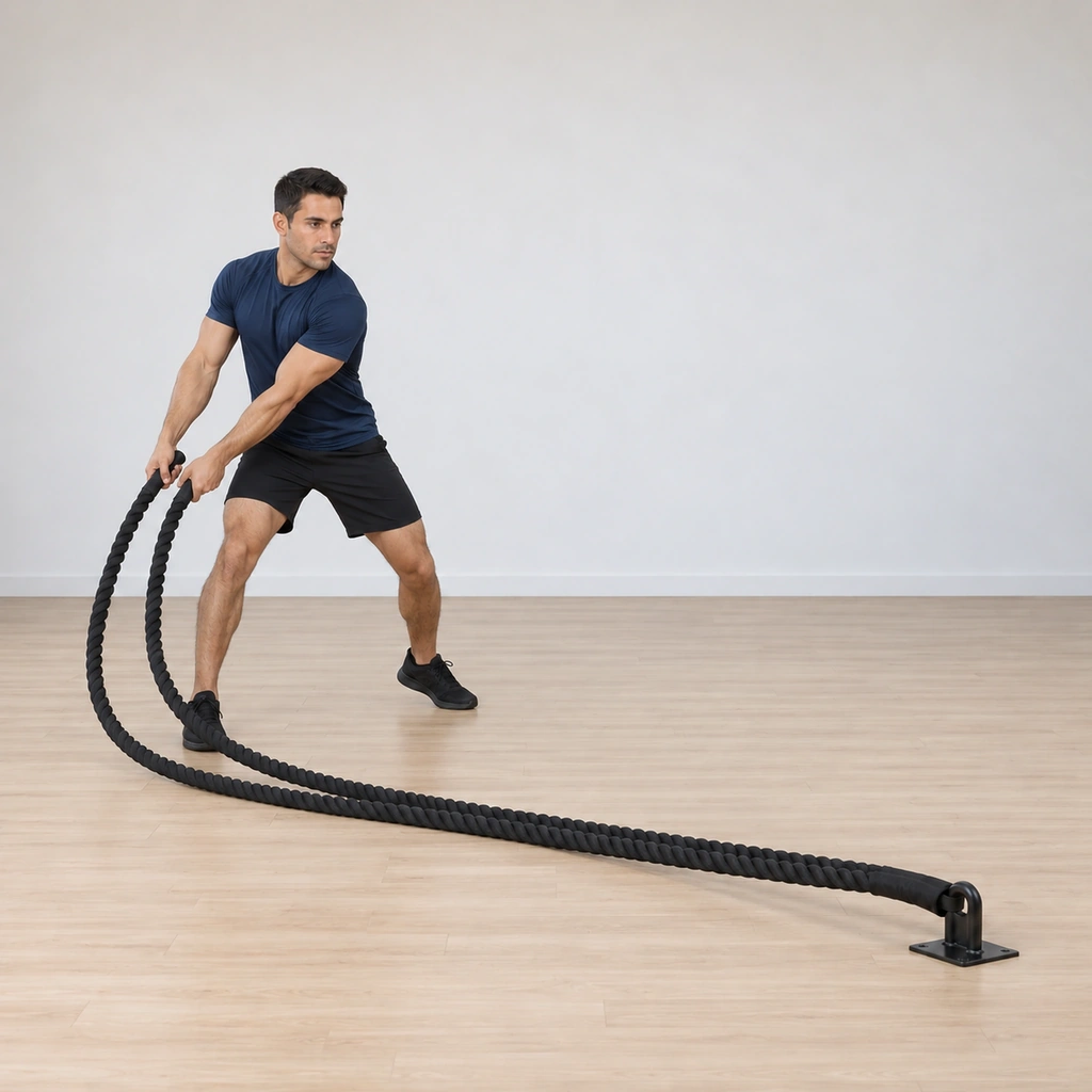 His hips have rotated hard to one side driving both ropes down in a slam to that side of his body, arms following the throw.