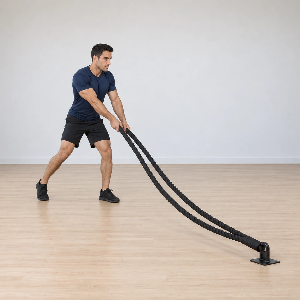 His hips have rotated back through center to the opposite side, both ropes slammed down to the second side, mirroring the first throw.