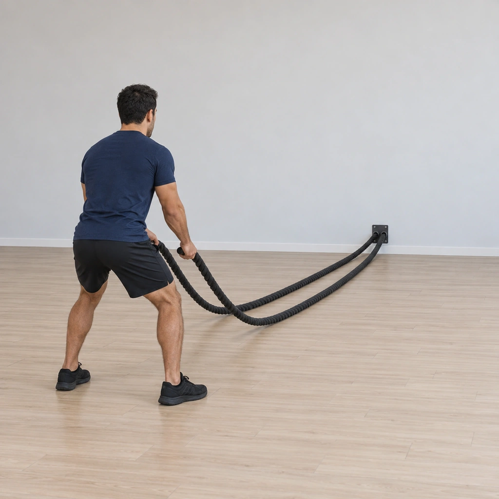 He stands facing the anchor: feet shoulder-width, knees soft, a rope end gripped in each hand with both arms relaxed in front of his thighs, the ropes running slack to the anchor.