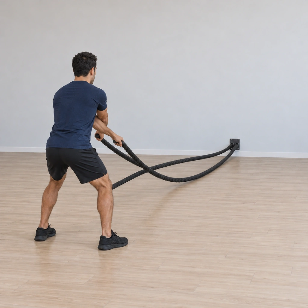 He is mid-cross: both arms sweeping horizontally inward across his thighs so the forearms cross in front of his body, the ropes drawn inward toward each other, his chest lifted.