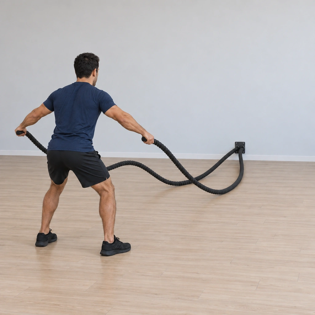 He is mid-open: both arms sweeping horizontally back outward wide of his body, the ropes carried outward into a widening V, the wave beginning to roll down the ropes toward the anchor.