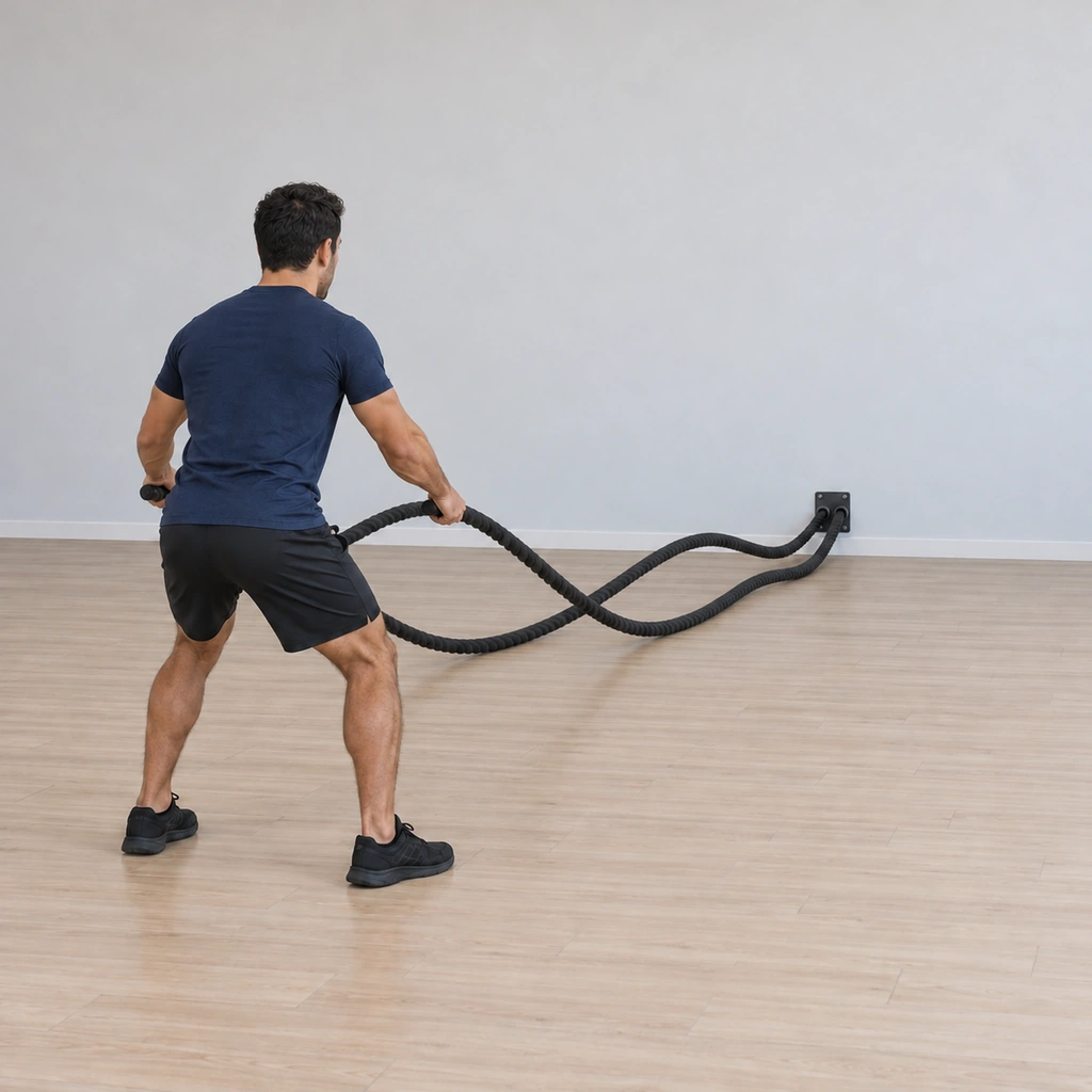 He repeats the pattern: the arms drawing back inward as the ropes cross in front of him again, two rolling waves travelling inward and outward across the floor toward the anchor.