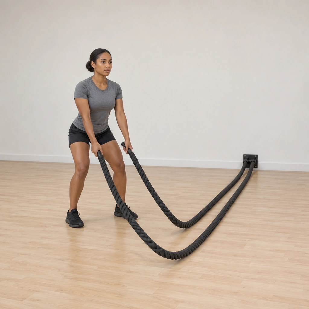 She stands facing the anchor: feet planted, one rope end gripped in each hand at her sides, both arms loose and ready, the ropes running slack to the far anchor.