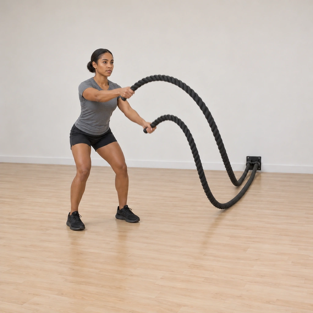She has started the circles: both arms rising and beginning to circle, hands drawing up and around in large loops, the first waves travelling down the ropes.