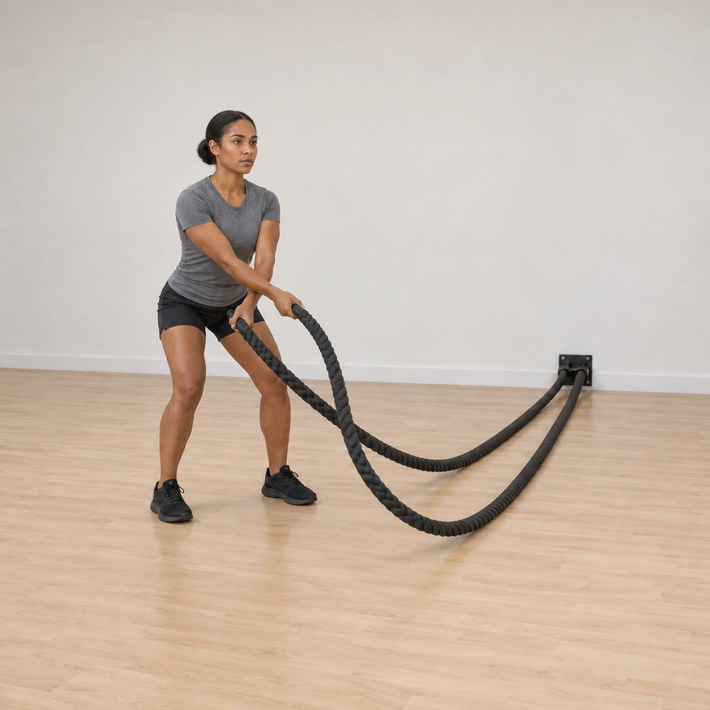 She is mid inward-cross: both hands sweeping through the inside of their circles toward each other at the midline, arms bent across her front, the ropes' waves rolling inward toward each other down the ropes.