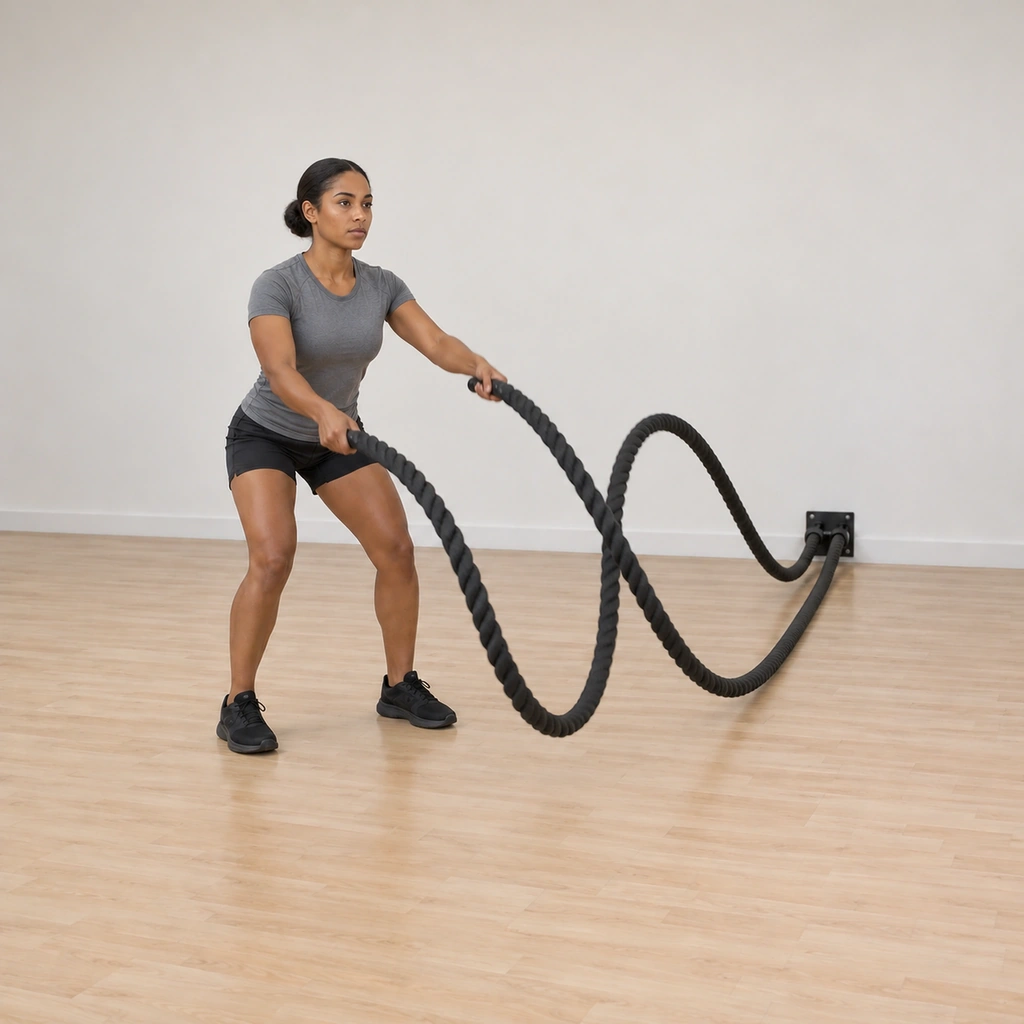 She keeps the inward circles going: both arms mid-loop on the next circle, the ropes carrying continuous circling waves down to the anchor, her stance steady.
