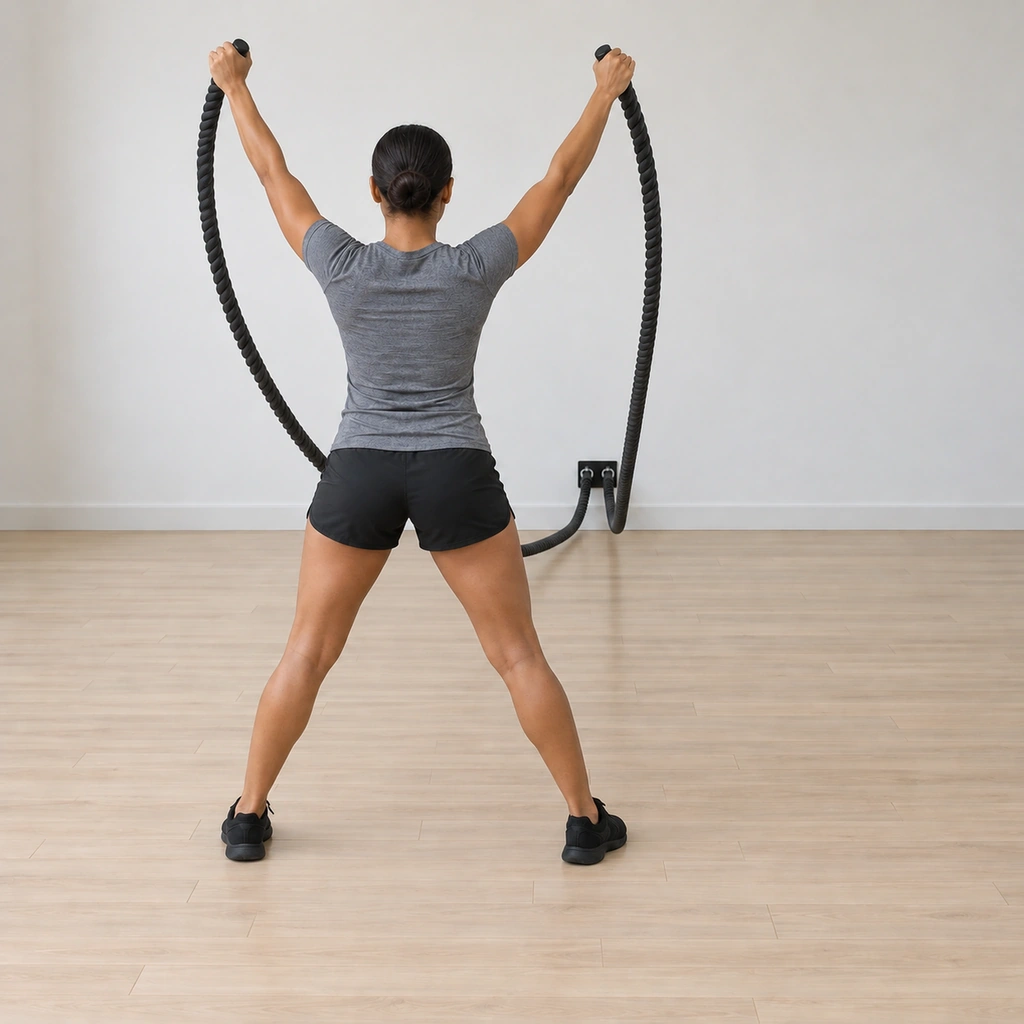 She is mid open-jack: feet landing wide apart, both arms driving the ropes upward in rhythm so the rope loops rise, her chest tall.