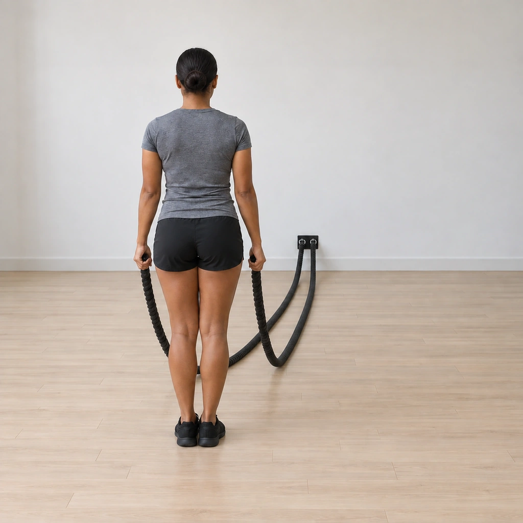 She is mid closed-jack: feet landing back together, both arms driving the ropes downward in rhythm so the loops settle, her posture still tall.