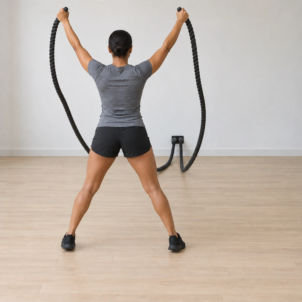She repeats into the next open jack: feet landing wide apart again, both ropes driven upward in the same rhythm, the loops rising again, knees soft on the landing.