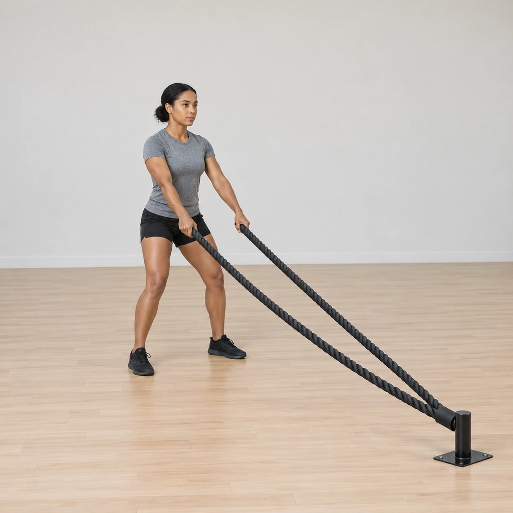 She faces the anchor in an athletic stance, one rope tail in each hand, both arms hanging straight at her sides with the ropes slack to the anchor.