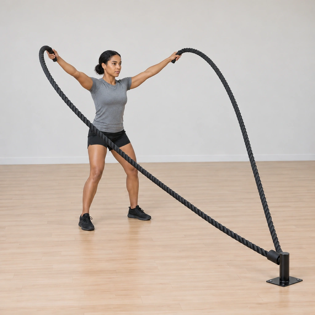 Both her arms are rising outward away from the midline, the rope tails lifting on the outside of her body as the large circles begin.