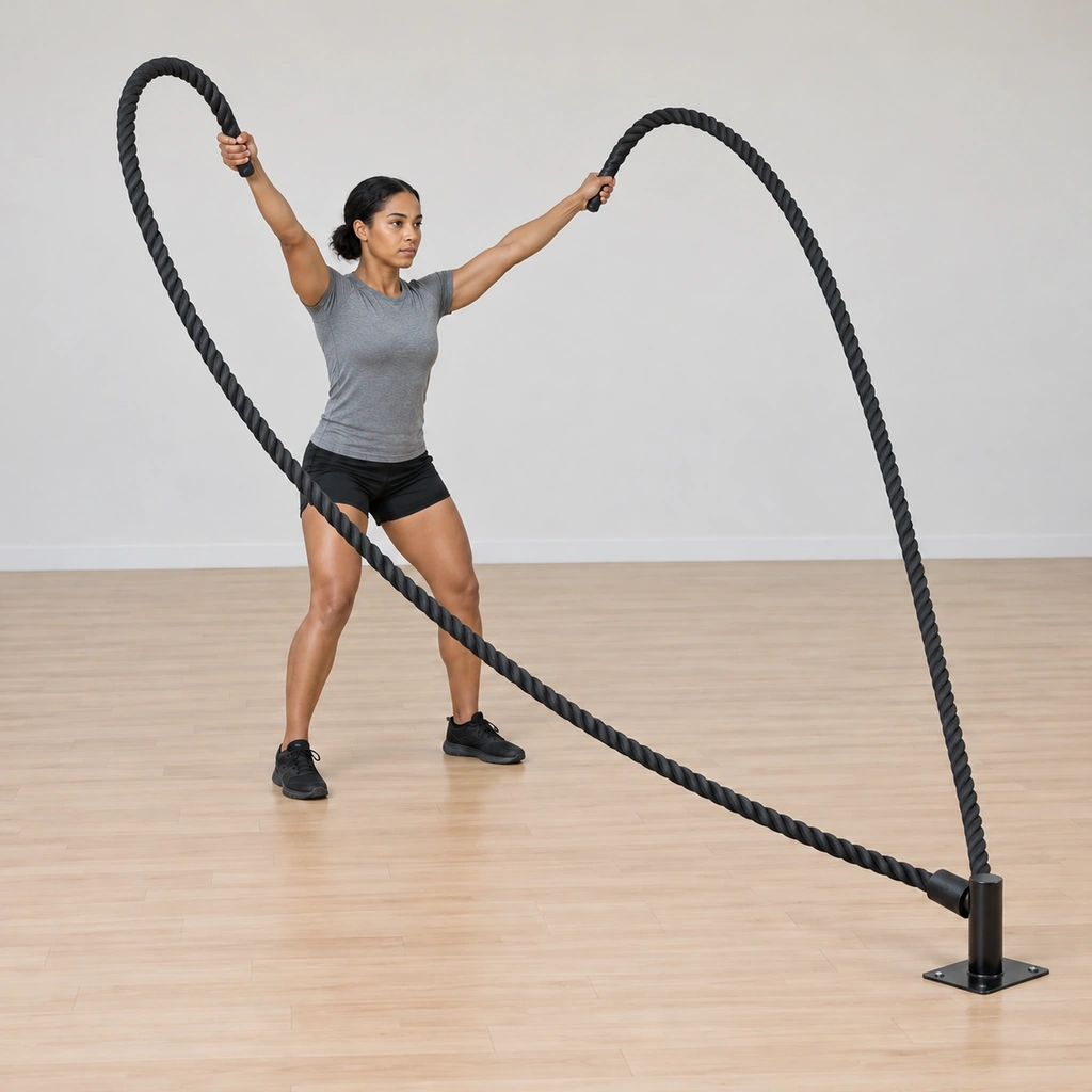 Both her arms are at the top of their large outward circles, ropes trailing in wide arcs, arms still straight and driven from the shoulders.