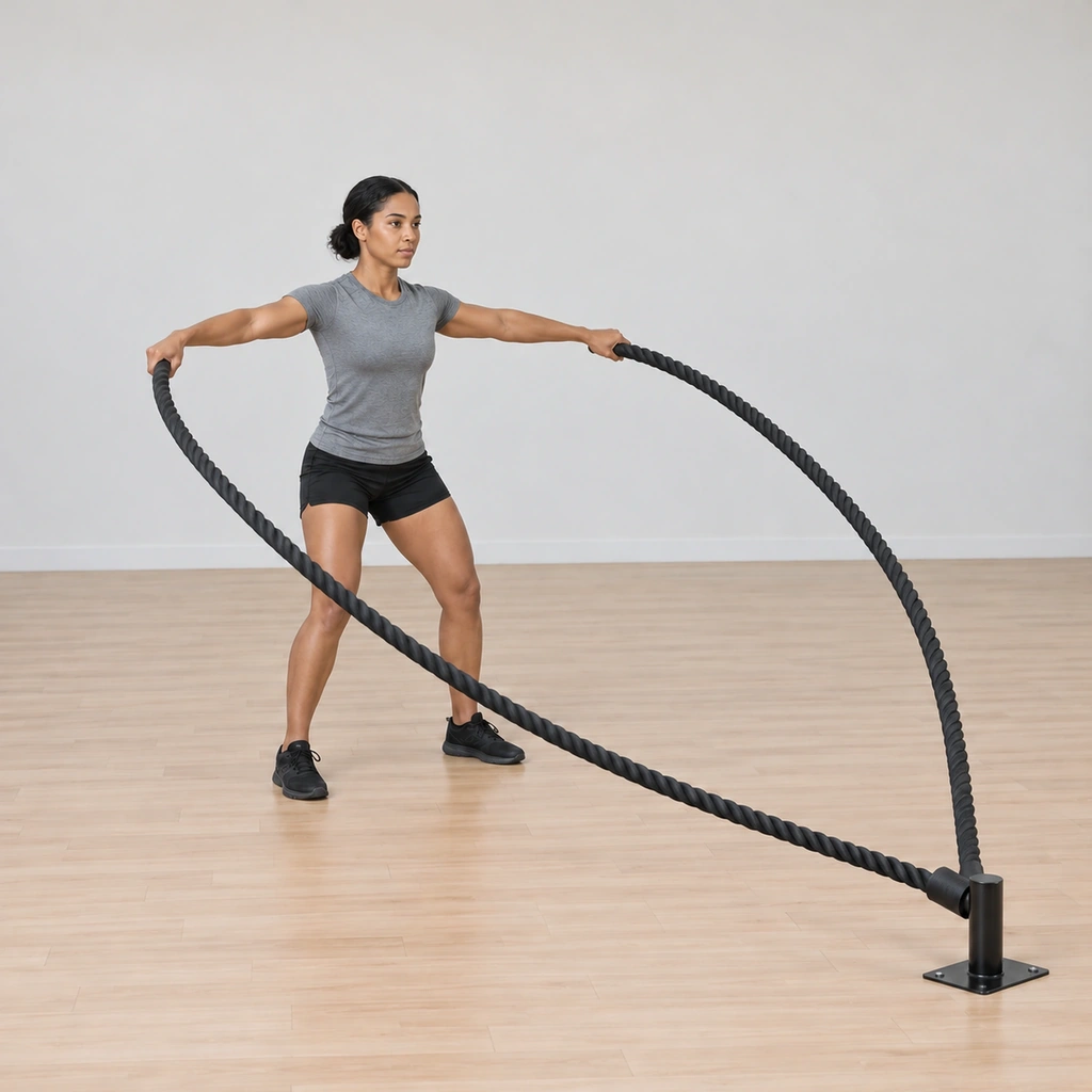 Both her arms continue rotating in matching large outward circles, the ropes rolling in steady waves toward the anchor.
