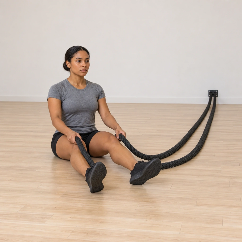 She sits on the floor facing the anchor: legs extended forward with knees softly bent, a rope end gripped in each hand at her sides, both ropes resting slack on the floor between her and the anchor.