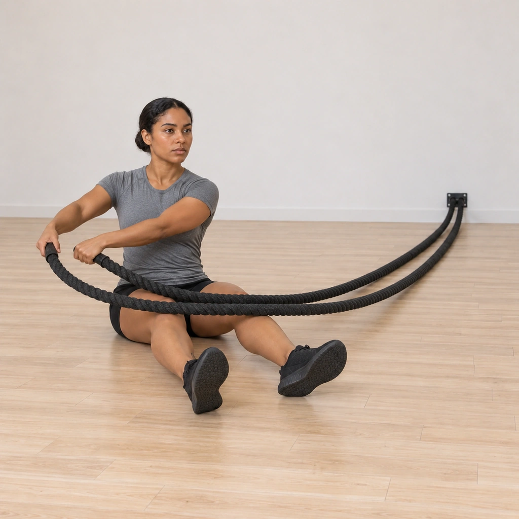 She sweeps the ropes up and across: both ropes arcing high over her knees travelling toward her right hip, her trunk turning slightly with the sweep, arms carrying the arc wide.