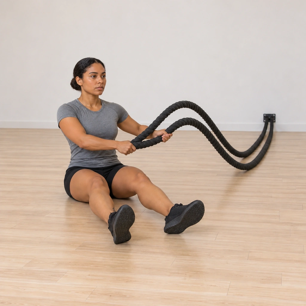 She completes the sweep: both ropes dropping in the wide arc to land beside her left hip, the wave rolling visibly down the ropes toward the anchor, her trunk settled back to centre.