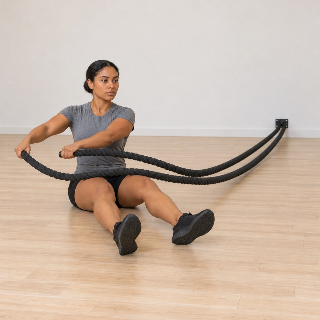 She keeps the rhythm going: the ropes already arcing back up over her knees toward the right hip again, the continuous wide wave rolling along the ropes, her chest lifted and steady.