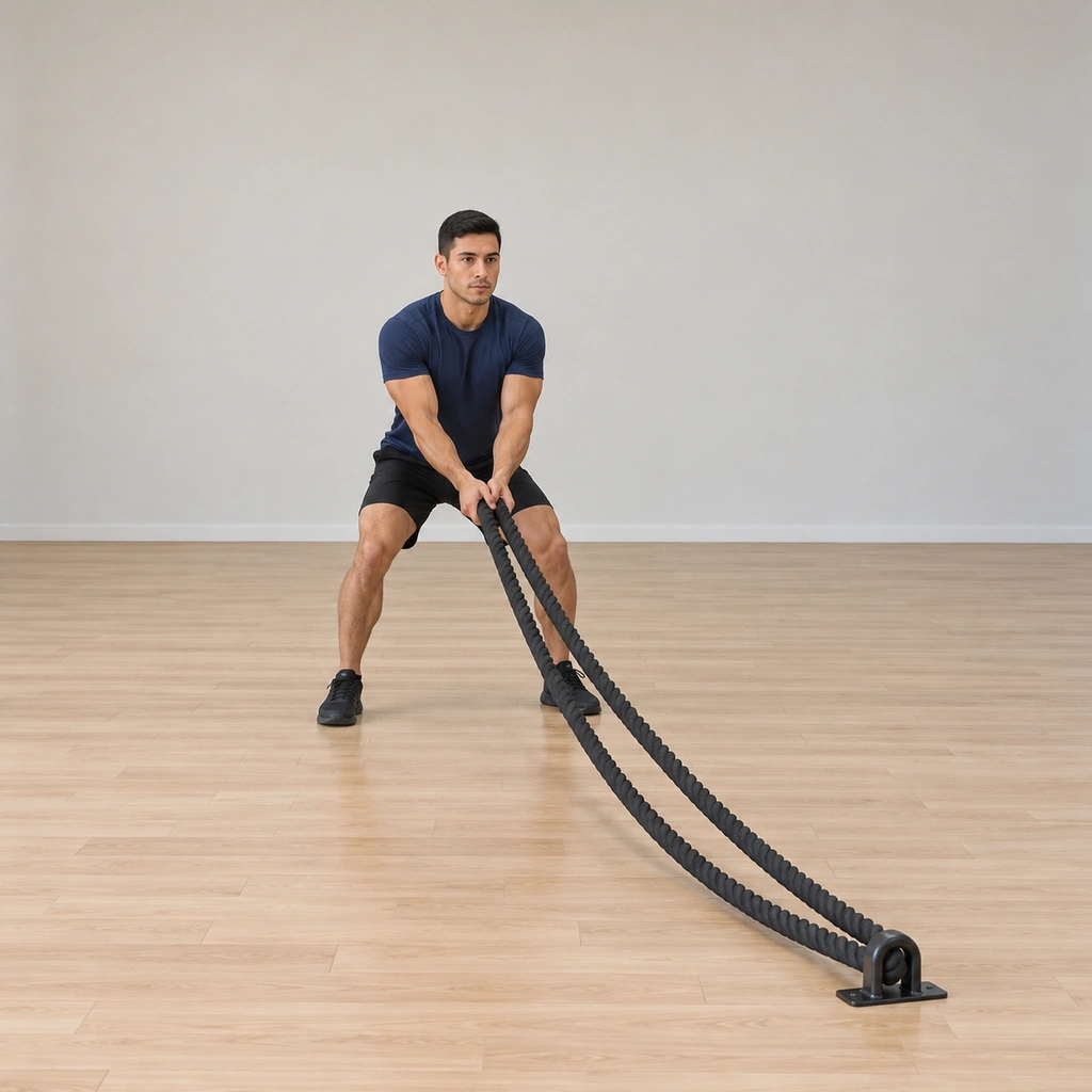 He stands in an athletic quarter-squat facing the anchor: both rope ends held with his hands together in front of his hips, the ropes drawn in; his trunk is braced tall.