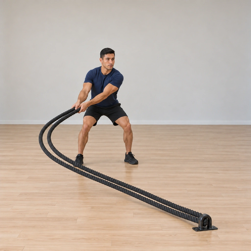 He sweeps both ropes together to his right: hands still joined, the ropes arcing as one to the right side while his hips rotate slightly with the sweep; his trunk stays braced.