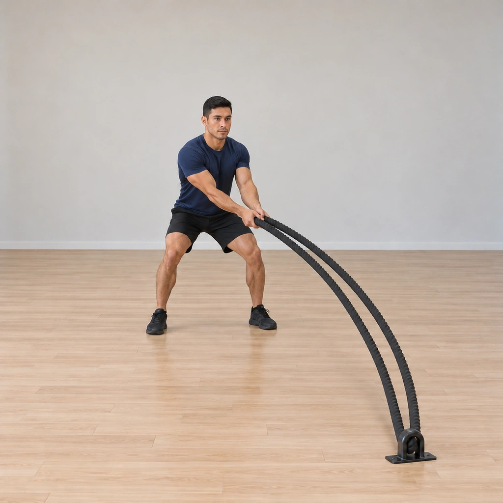 He sweeps both ropes through centre to his left: the ropes arcing as one to the left side, hands still joined; his hips rotate the other way with the wiper motion.