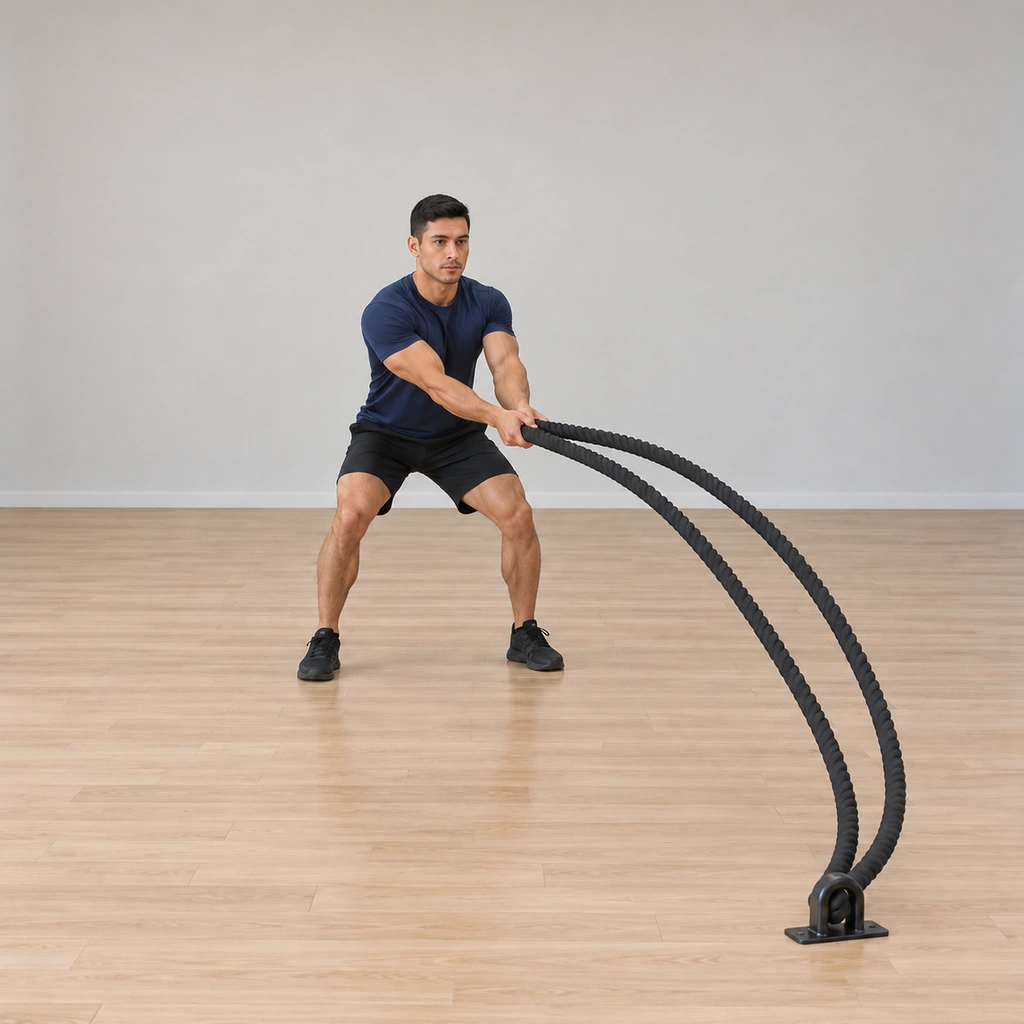 He continues the wiper rhythm: both ropes mid-arc sweeping back toward the right, hands joined, hips rotating smoothly; the ropes draw a continuous lateral wave.