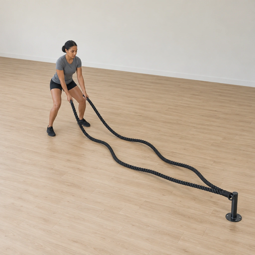 She stands facing the anchor holding one rope end in each hand, arms low in front, the tails running along the floor from the anchor to her hands.