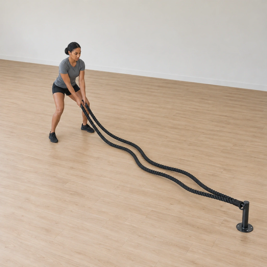 She sweeps both arms inward at ground level and the two ropes are crawling sideways across the floor toward each other like snakes.