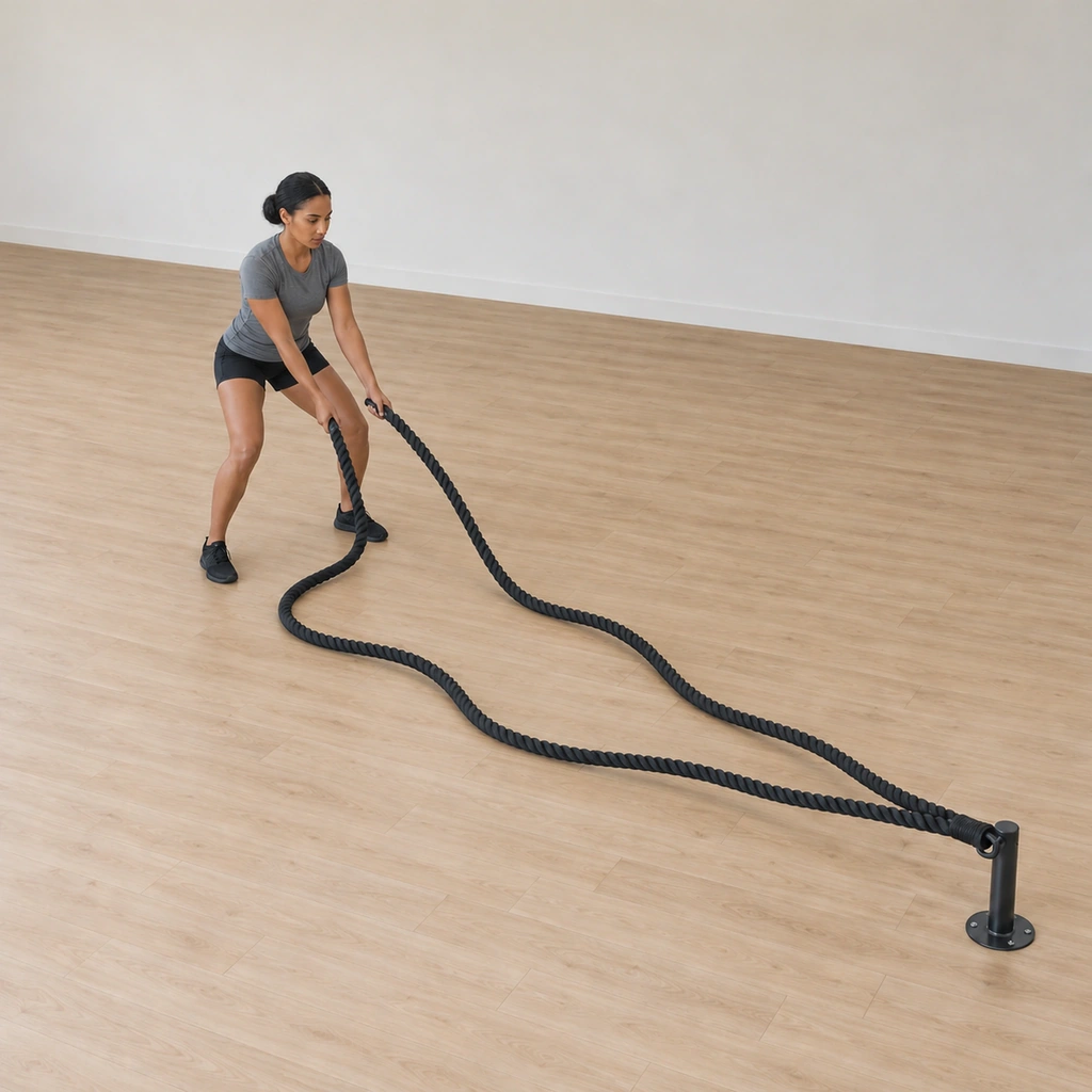 She continues the pattern: arms sweeping inward at ground level again, the ropes crawling back toward each other across the floor in the snake motion.