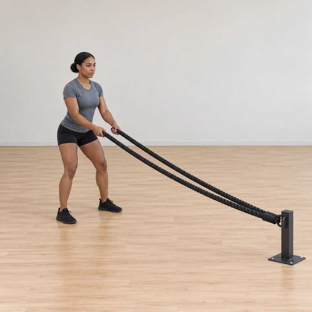 She faces the anchor in an athletic stance, one rope tail in each hand, arms bent in front of her with the ropes slack toward the anchor.