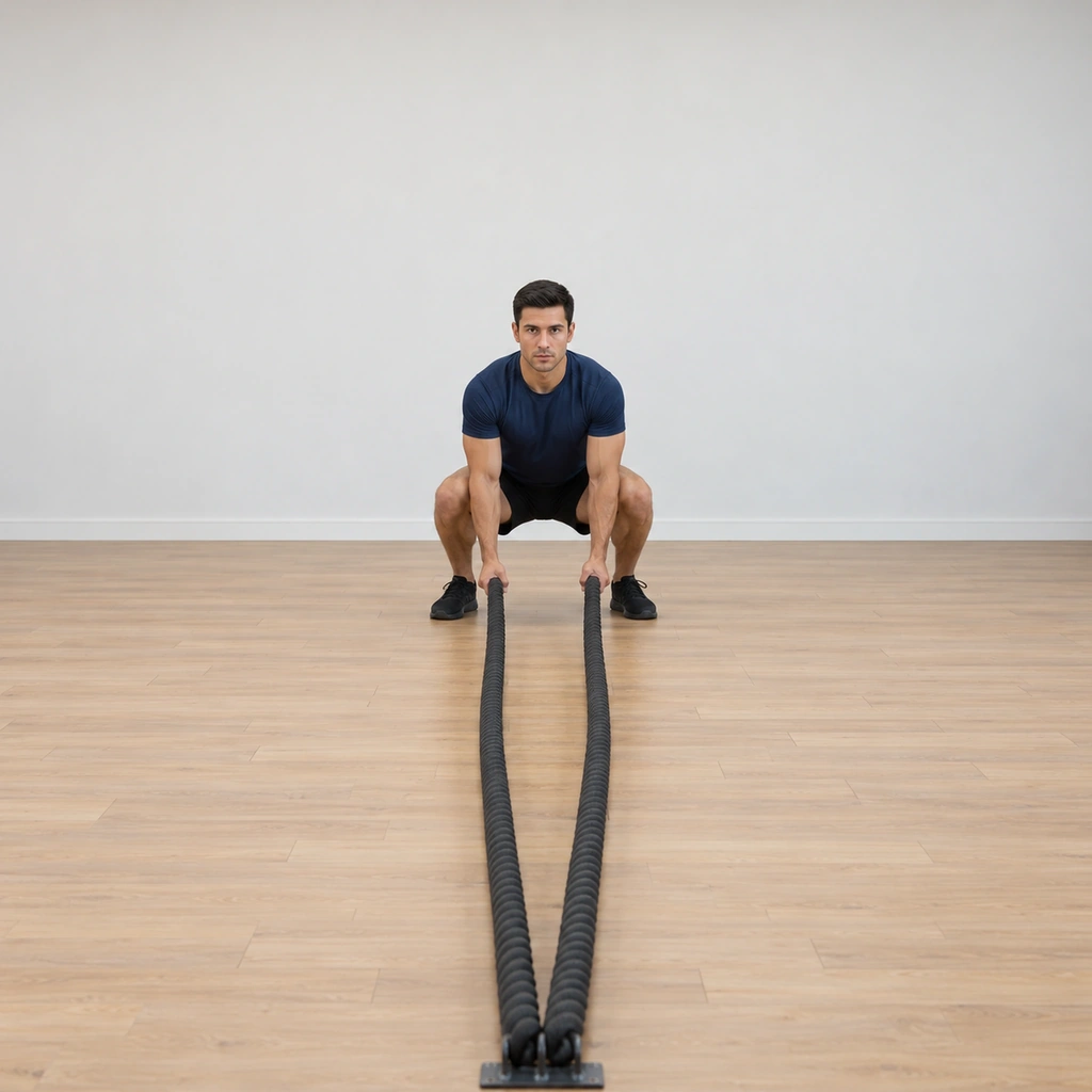He is crouched facing the anchor: hips dropped low, knees deeply bent, both rope ends gripped in his hands held low near his knees, chest up, ropes slack to the anchor.