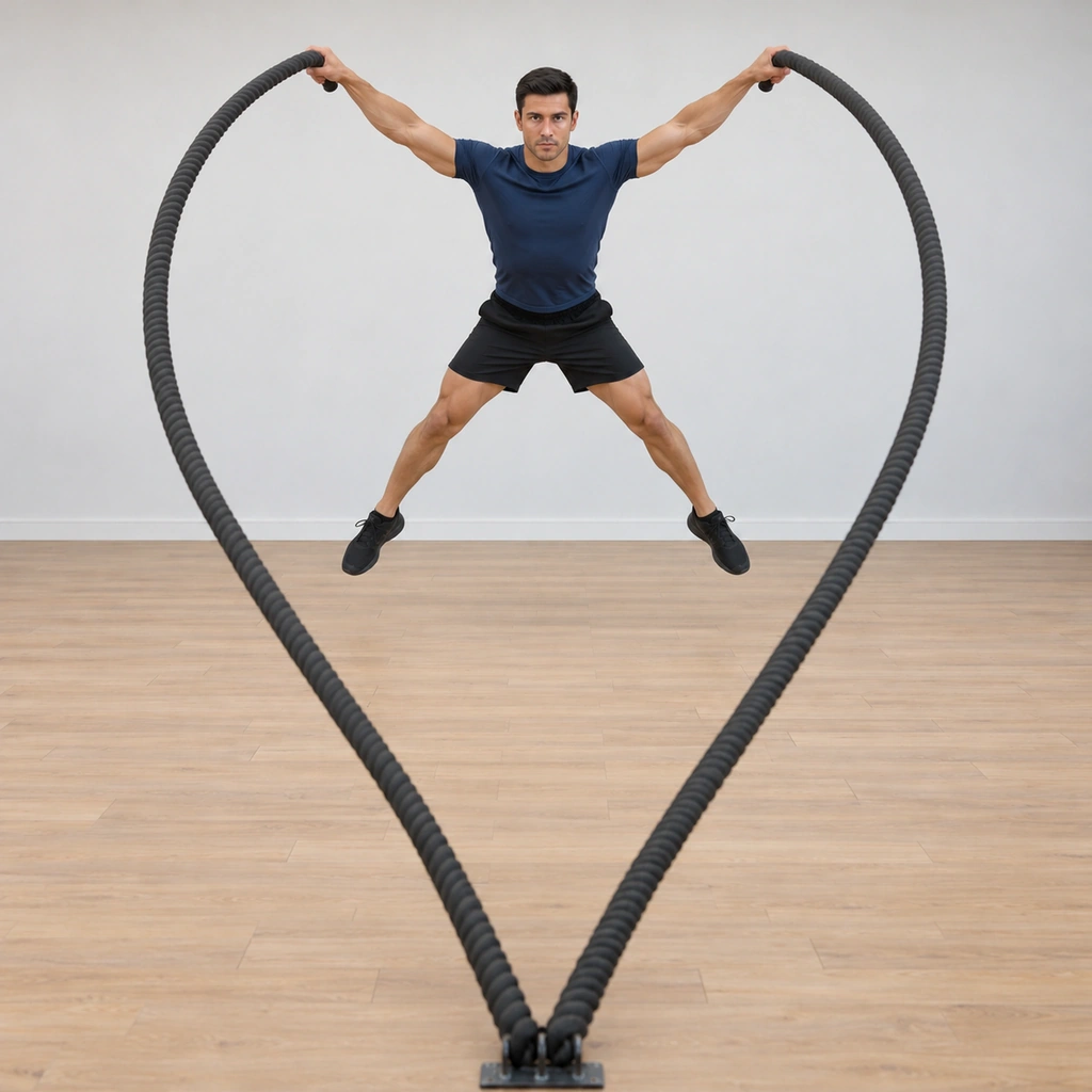 He is mid-take-off: legs driving the body off the floor, arms swinging both ropes wide and up, the body opening toward the X-shape as it leaves the ground.