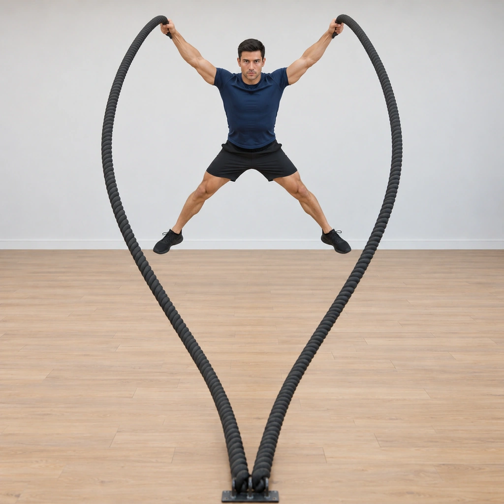 He is airborne at the top: legs spread wide apart, arms thrown wide and up carrying both ropes in a full X-shape, the ropes arcing high, eyes forward.