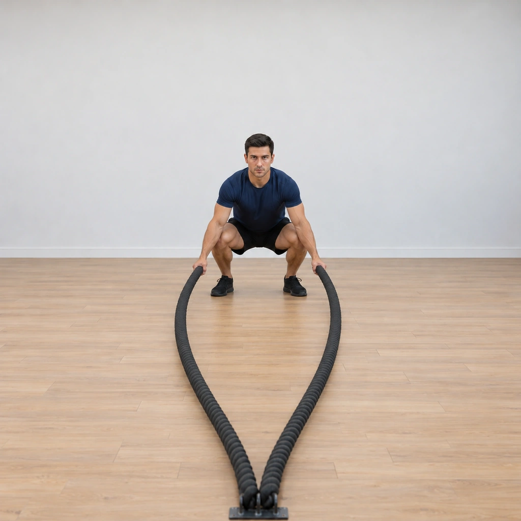 He is landing: feet back under him on the floor, knees bending deep into the crouch to absorb, both ropes settling low again near his knees, chest up.