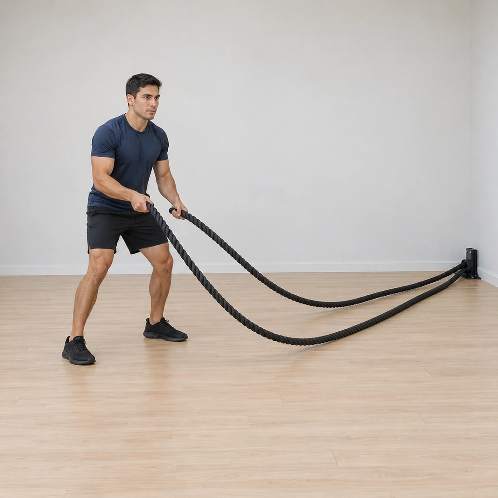 He holds the setup: athletic stance facing the rope anchor, stepped slightly forward, knees soft, chest lifted, both rope ends gripped at hip height with the ropes slack to the anchor.