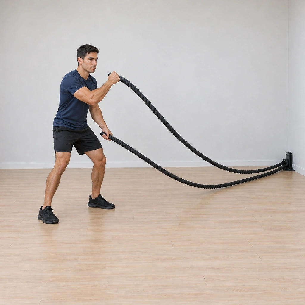 He is mid-drive: his right fist punched upward in a short sharp uppercut path, the right rope driven up off the floor, the left fist still low at the hip, his stance forward and braced.